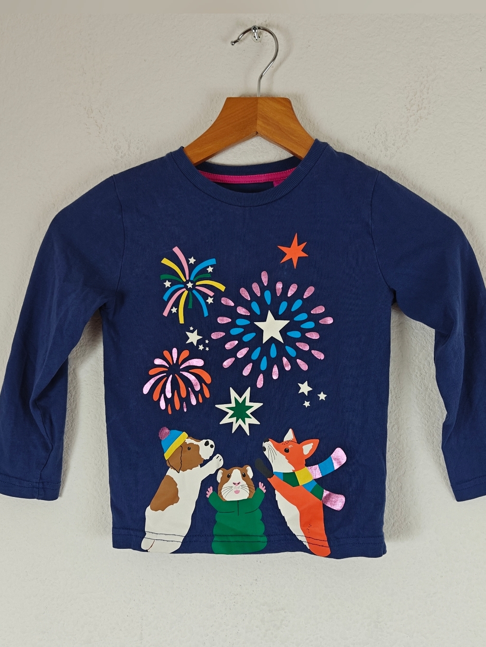 Mini Boden Bonfire Party Tee 🌙 Blue Starboard Animal Appliqué Long Sleeve 3-4Y